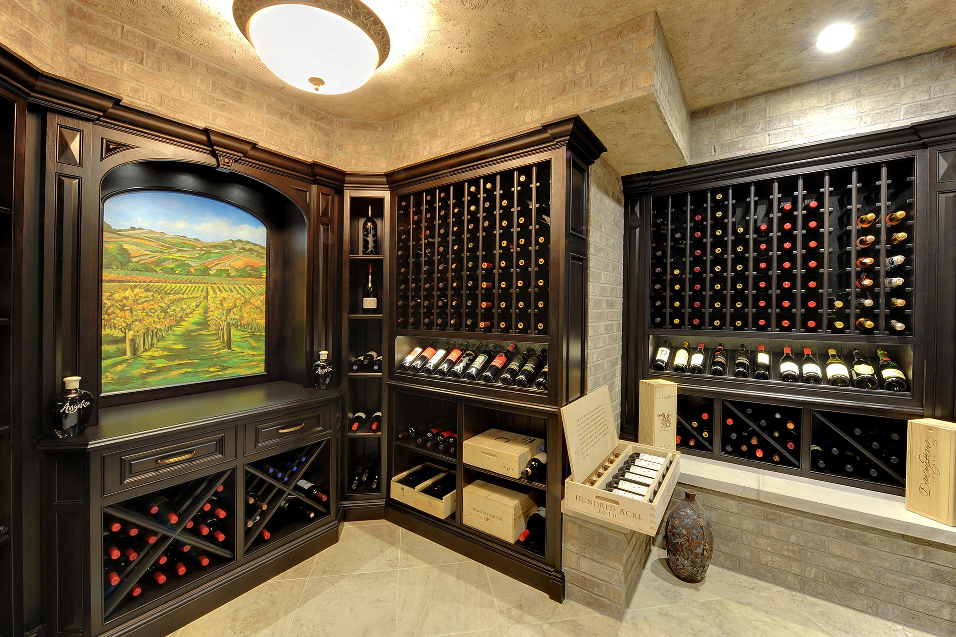 Side view display with trophy bottles and wine storage solutions.  - Glenview Haus - Custom Doors, Wine Cellars and Cabinets in Chicago